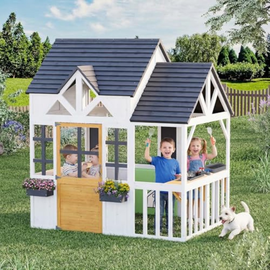 Kids Outdoor House With Kitchen - Casa de Brinquedo de Madeira para