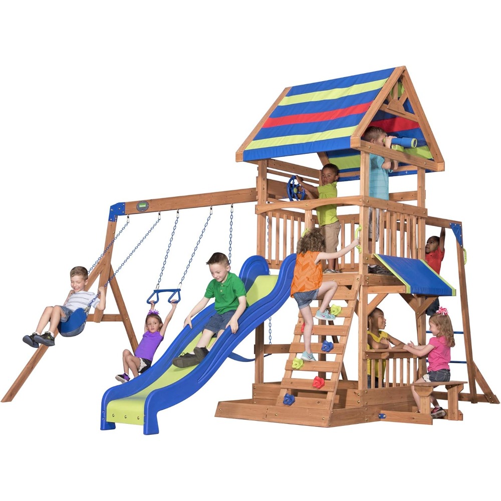Conjunto de Balanço de Madeira - Kids Outdoor Monkey Bar Set avaliação e preço